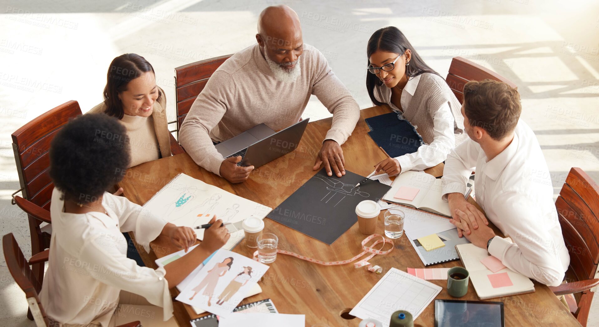 Buy stock photo Creative business people, meeting and planning above in fashion design, brainstorming or strategy at office. Group of clothing designers in teamwork, project plan or color palette ideas for startup
