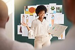 Fashion designer, black woman presentation and meeting business proposal, entrepreneur opportunity or portfolio. Creative artist or person speaking to clients of clothes, sketch or illustration ideas