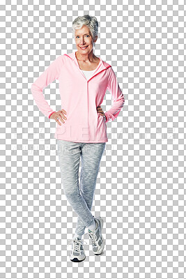 Buy stock photo Isolated senior woman, portrait and workout in retirement with smile, wellness or happy by transparent png background. Elderly lady, training or fitness for body cardio health with face for self care