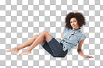 Smiling african american woman sitting isolated on a png background