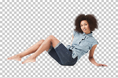 Buy stock photo Portrait, happy woman and sitting legs crossed isolated on transparent png background. Young female person with cool personality, afro hair and good mood on floor in casual style, confidence or smile
