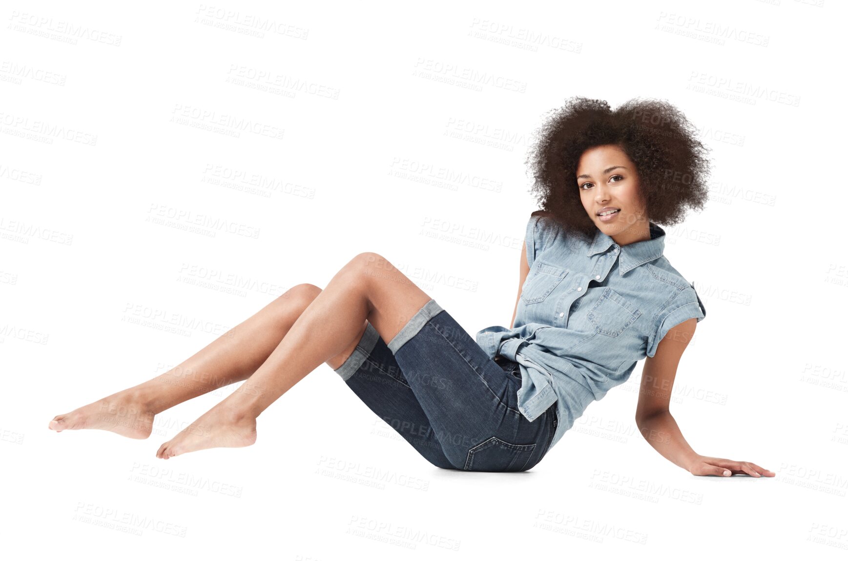 Buy stock photo Portrait, happy woman and sitting legs crossed isolated on transparent png background. Young female person with cool personality, afro hair and good mood on floor in casual style, confidence or smile