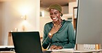 Winning, yes and happy woman on laptop in night news, international success or Nigeria business celebration accomplishment. African person or winner for stock market, trading or career bonus on computer