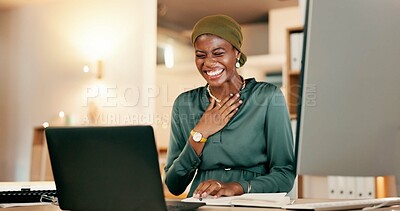 Buy stock photo Winning, yes and happy woman on laptop in night news, international success or Nigeria business celebration accomplishment. African person or winner for stock market, trading or career bonus on computer