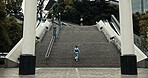Japan, woman and kimono outdoor on stairs for wellness, heritage celebration and culture in Tokyo city. Sanno Torii, person and walking on steps for travel, spiritual journey and traditional fashion