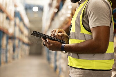Buy stock photo Tablet, shipping and man with stock in warehouse reading email for ecommerce delivery information. Logistics, research and African male industry worker on digital technology for package in factory.