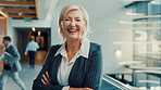 Portrait, woman or attorney in office with arms crossed for legal aid, labour law rights or advice. Confident, mature person or lawyer in lobby with pride for advocacy, employment equity or about us.