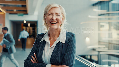 Buy stock photo Portrait, woman or attorney in office with arms crossed for legal aid, labour law rights or advice. Confident, mature person or lawyer in lobby with pride for advocacy, employment equity or about us.