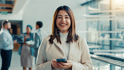 Buy stock photo Business, woman and happy with phone in lobby for conference break, event schedule or networking. Convention team, portrait and keynote speaker with smartphone for online seminar poll and web notes