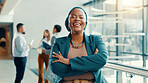 Portrait, happy woman and lawyer in office with arms crossed for legal aid, labour law rights or advice. Confident, person or attorney in lobby with pride for advocacy, employment equity or about us.
