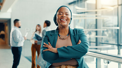 Buy stock photo Portrait, happy woman and lawyer in office with arms crossed for legal aid, labour law rights or advice. Confident, person or attorney in lobby with pride for advocacy, employment equity or about us.