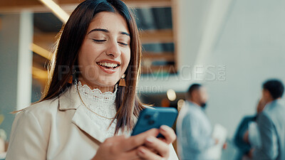 Buy stock photo Phone, networking and businesswoman in office with communication, social media or contact on mobile app. Happy, technology and person with cellphone for chatting, texting or research in workplace.