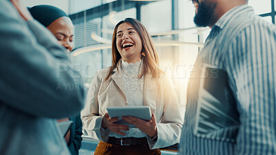 Buy stock photo Business people, woman or laugh with tablet in lobby for seminar break, funny opinion or networking. Global conference, flare or happy team at event with summit feedback, share ideas or digital notes