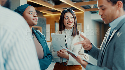 Buy stock photo Business people, meeting or discussion with tablet for project planning, proposal or idea in office. Group, employees or conversation with technology for team strategy, agenda or tasks in workplace