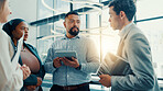 Business people, meeting and discussion with tablet in office for company proposal, ideas or agenda. Group, employees or team with technology for project planning, tasks or development in workplace