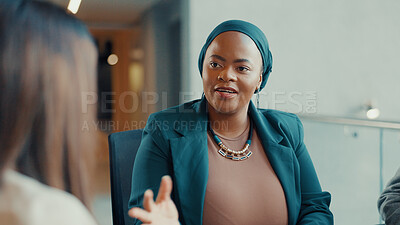 Buy stock photo Discussion, planning and business women in office with finance report for company budget. Collaboration, meeting and female financial advisors with investment proposal in stock market in workplace.