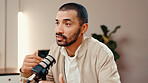 Man, speaking and speech with mic for podcast, audio broadcast and live recording in studio. Male presenter, explain and hosting talk show for media production, content creator and radio announcement
