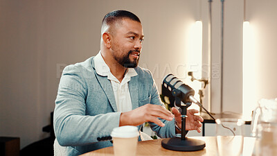 Buy stock photo Microphone, podcast and speaking with man in studio for interview, live streaming or radio. Broadcast, subscription entertainment and talk show with presenter in production office for recording