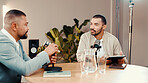 Podcast, talking and men with guest in studio for interview, conversation and broadcast on radio show. Content creation, hosting and presenter with person for recording, live stream or news for media