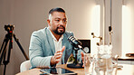 Conversation, microphone and podcast with man in studio for broadcast, interview or live streaming. Radio, subscription entertainment and talk show with host in production office for recording