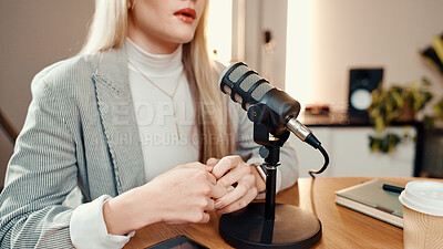 Buy stock photo Podcast, microphone and hands of woman in studio with anxiety for online subscribers with talk show. Journalist, nervous and female radio host with live streaming, recording or broadcast in office.