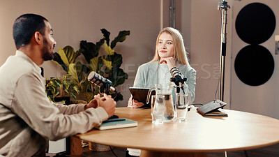 Buy stock photo Podcast, microphone and people in studio for talk show, radio or live streaming with tablet. Podcaster, recording audio and host with guest for interview question, content creation and broadcast