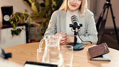 Buy stock photo Podcast, speaker and businesswoman with microphone in studio with online subscribers with talk show. Happy, journalist and female radio host with live streaming, recording or broadcast in office.