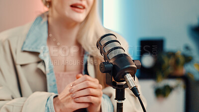 Buy stock photo Podcast, interview or woman in studio with microphone, discussion or personal story in streaming show. Broadcast, digital or influencer in booth with tech, announcement or sharing idea in chat.
