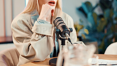Buy stock photo Podcast, talking or woman in studio with microphone, discussion or personal story in streaming show. Broadcast, digital or influencer in booth with tech, announcement or sharing idea in chat.