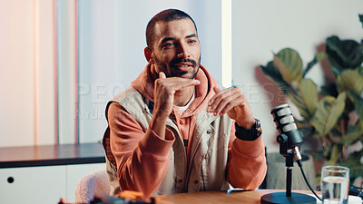 Buy stock photo Explain, microphone and podcast with man in studio for broadcast, interview or live streaming. Had gesture, radio and talk show with presenter in production office for subscription entertainment