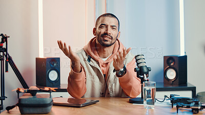 Buy stock photo Podcast, mic and portrait of man in studio for live streaming, info or drone product review. Presenter, recording and talk show with photography tips, innovation or conversation for technology news