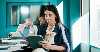 Buy stock photo Tablet, research and businesswoman with meeting in office for finance proposal with online client. Digital technology, communication and female financial manager with investment planning in workplace