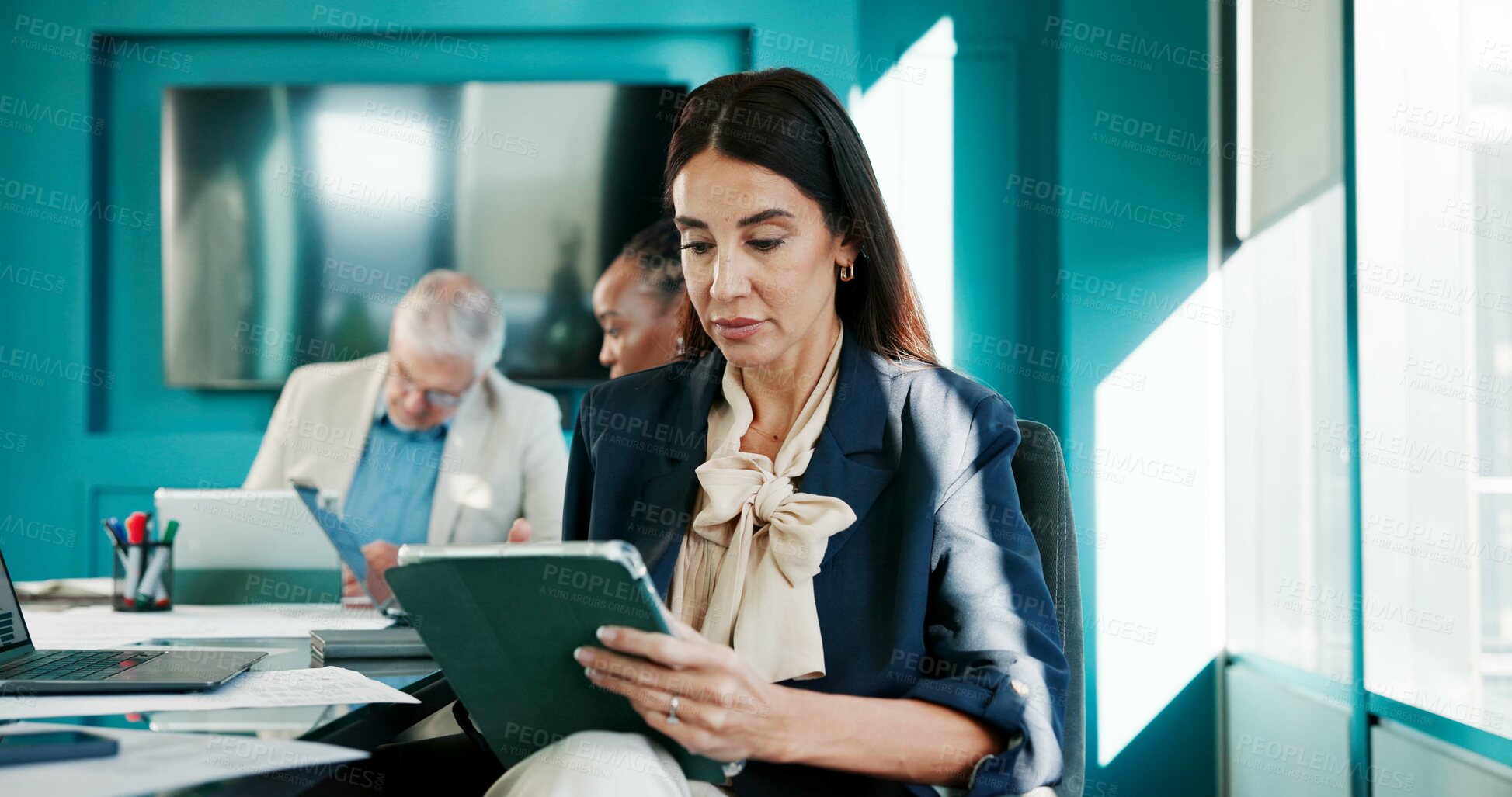 Buy stock photo Tablet, research and businesswoman with meeting in office for finance proposal with online client. Digital technology, communication and female financial manager with investment planning in workplace