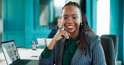 Buy stock photo Laptop, portrait and smile of business black woman at desk in office for finance or investment. Accounting, corporate and trading with happy employee in workplace for financial or wealth management