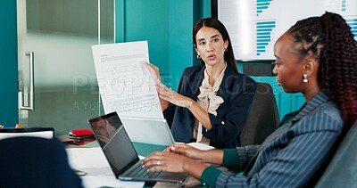 Buy stock photo Collaboration, documents and laptop with business people in office for investment or trading. Accounting, finance and wealth management with corporate employee team in workplace for discussion