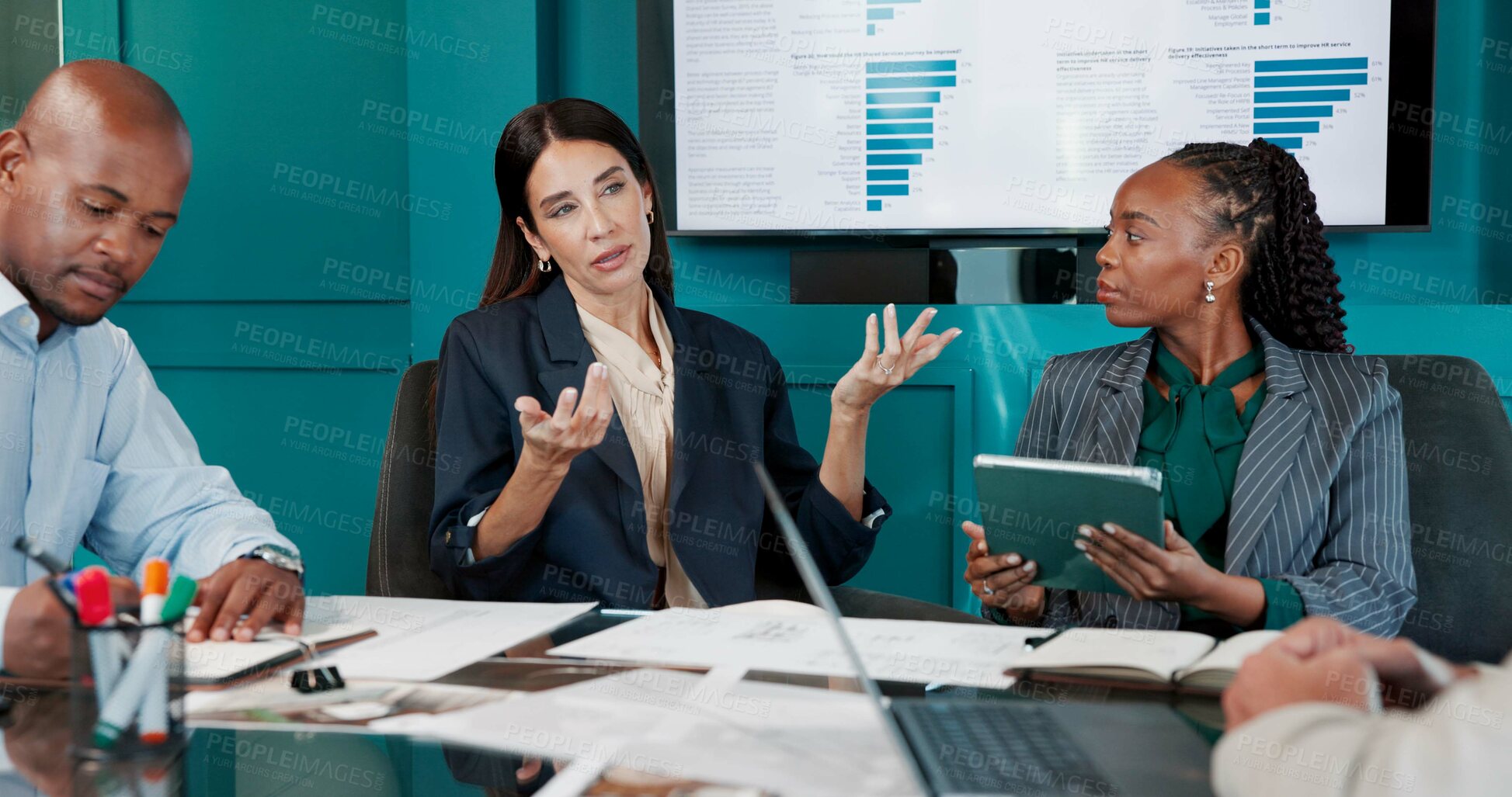 Buy stock photo Meeting, group and discussion with paperwork in boardroom, colleagues and data analysis for company. Office, business analyst and people with report for performance, conversation and collaboration