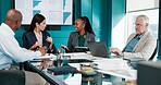 Meeting, group and discussion with tech in boardroom, data analysis or financial growth for company. Office, business analyst and people with report for performance, conversation and collaboration