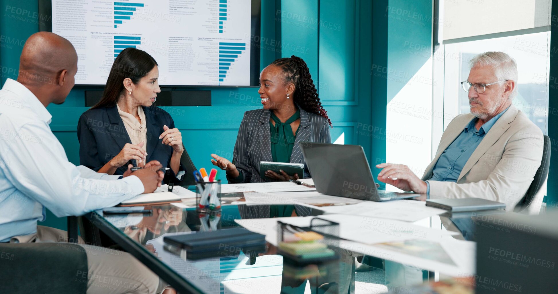 Buy stock photo Meeting, group and discussion with tech in boardroom, data analysis or financial growth for company. Office, business analyst and people with report for performance, conversation and collaboration