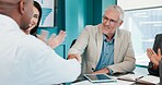 Clapping, business people and handshake with CEO for investment, deal success and partnership. Smile, team and shaking hands in office for merger, financial acquisition and applause for integration
