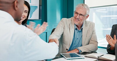 Buy stock photo Clapping, business people and handshake with CEO for investment, deal success and partnership. Smile, team and shaking hands in office for merger, financial acquisition and applause for integration