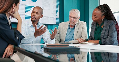 Buy stock photo Colleagues, group and discussion for data analysis in boardroom, team and plan for financial growth. Office, business analyst and people with report for performance, conversation and collaboration