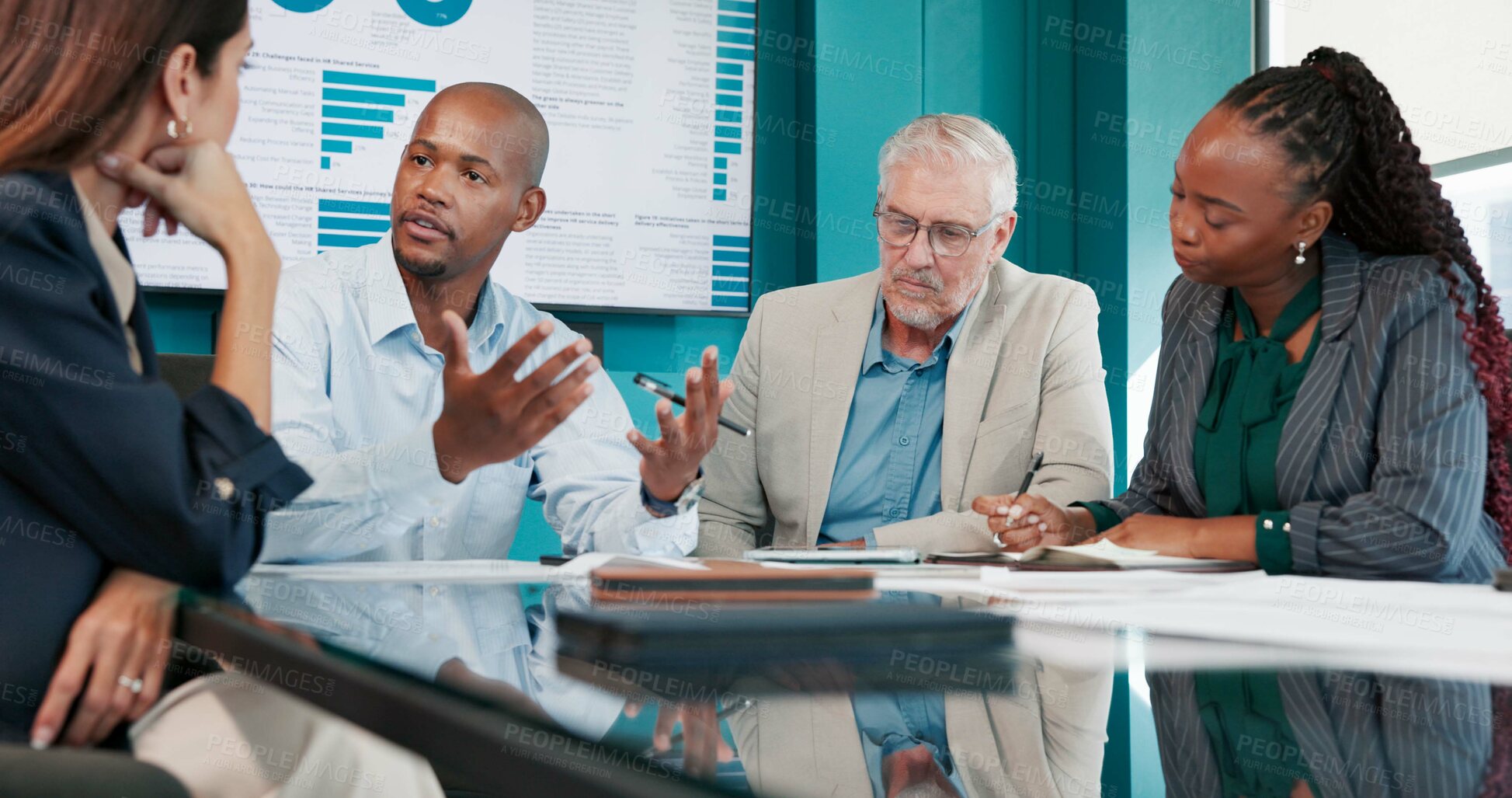 Buy stock photo Colleagues, group and discussion for data analysis in boardroom, team and plan for financial growth. Office, business analyst and people with report for performance, conversation and collaboration