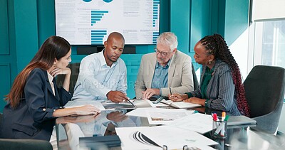 Buy stock photo Meeting, feedback and business people in office with paperwork for finance proposal in collaboration. Team, documents and manager with financial advisors for review on investment plan in workplace.
