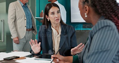 Buy stock photo Documents, finance or women in meeting for reading, performance results or sales portfolio. Research, strategy or financial analysts with paperwork and project notes for teamwork, trends or planning