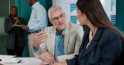 Buy stock photo Collaboration, conversation and finance with business people in office for investment or trading. Accounting, meeting and wealth management with corporate employee team in workplace for discussion