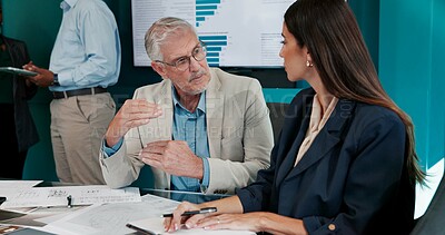 Buy stock photo Floor plan, graphs or business people in meeting for architecture project, charts or teamwork. Paperwork, talk or architects in discussion with feedback report for blueprint, engineering or documents