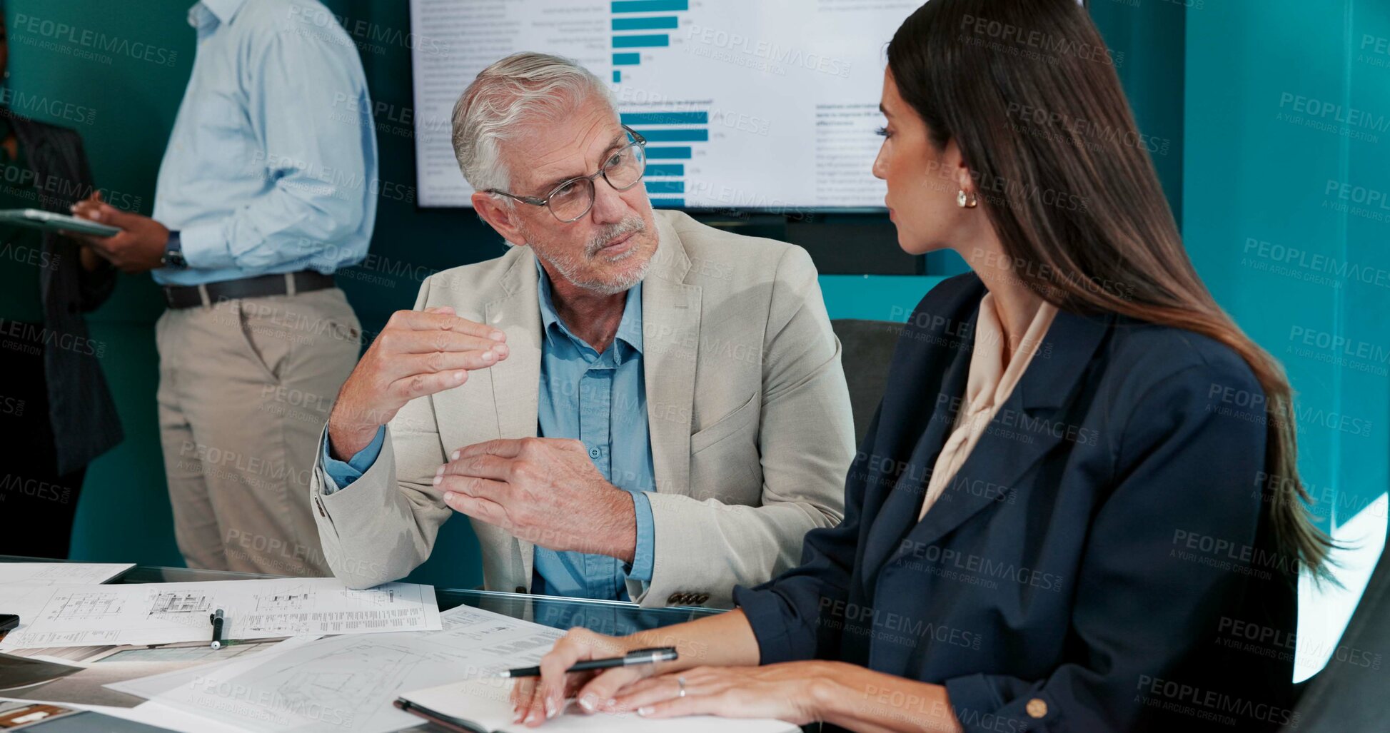 Buy stock photo Floor plan, graphs or business people in meeting for architecture project, charts or teamwork. Paperwork, talk or architects in discussion with feedback report for blueprint, engineering or documents