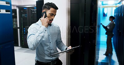 Buy stock photo Server room, clipboard or businessman with phone call for update, hardware maintenance or glitch. Network error, data center or engineer on mobile for IT support, checklist or electronic technology