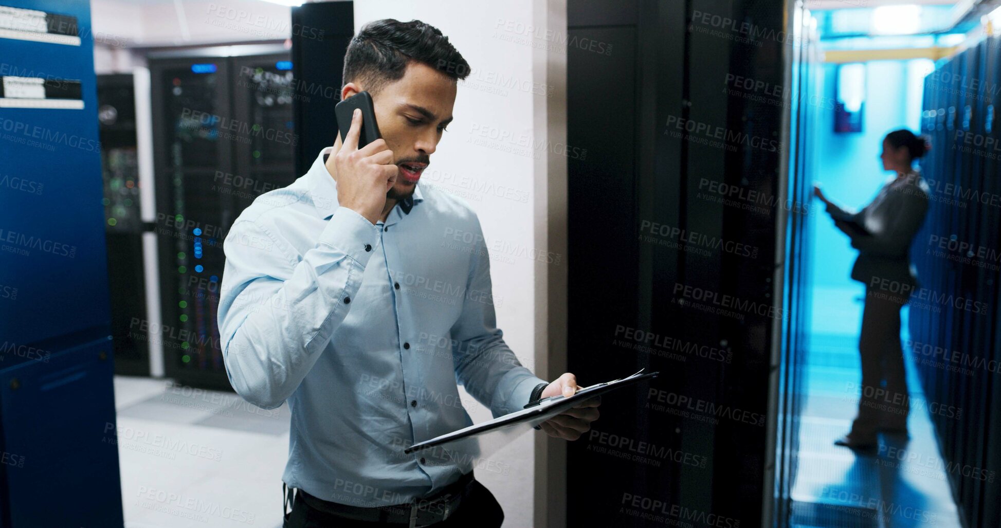 Buy stock photo Server room, clipboard or businessman with phone call for update, hardware maintenance or glitch. Network error, data center or engineer on mobile for IT support, checklist or electronic technology