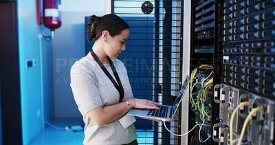 Buy stock photo Woman, laptop and system test in server room, scroll and programming job for IT solution at company. Person, cybersecurity and assessment with coding, hardware and information technology at agency